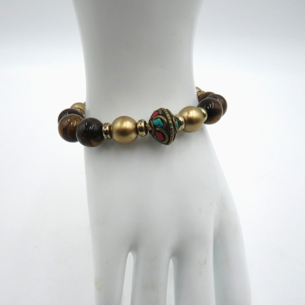 Boho Beaded Stretch Bracelet Gold Tone Brown Tiger Eye Faux Turquoise Red Accent
